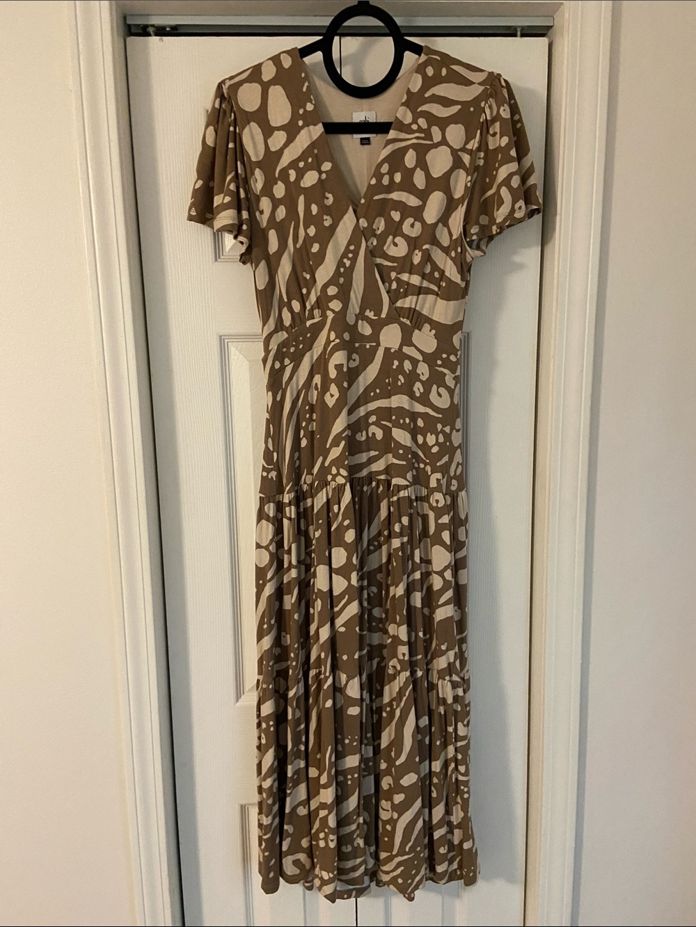 CAbi Brown & Cream Printed Drop waist-Style Midi Dress